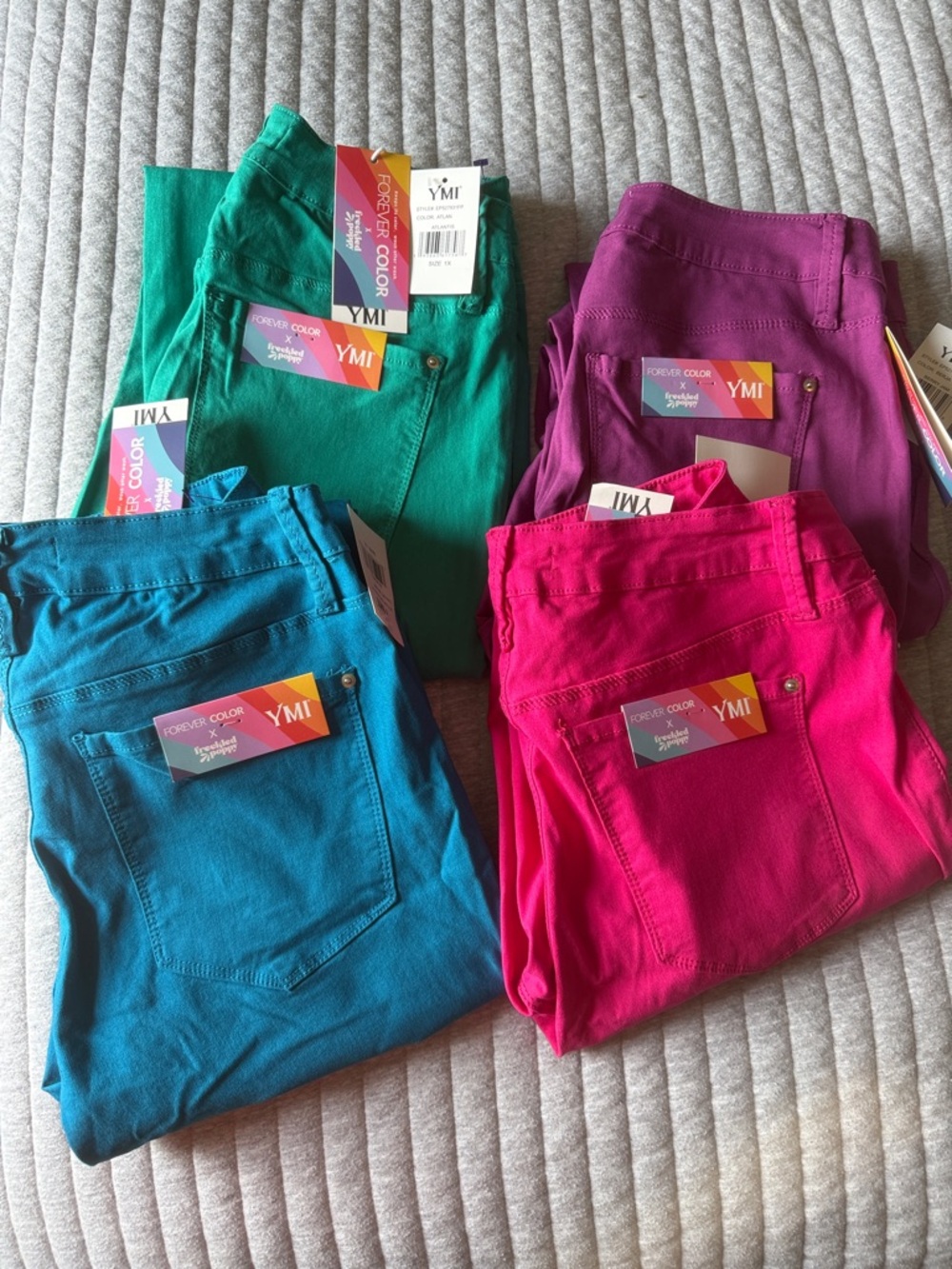Lot of 4 pairs-YMI Women's Skinny Pants in Teal, Green, Fuchsia, and Purple